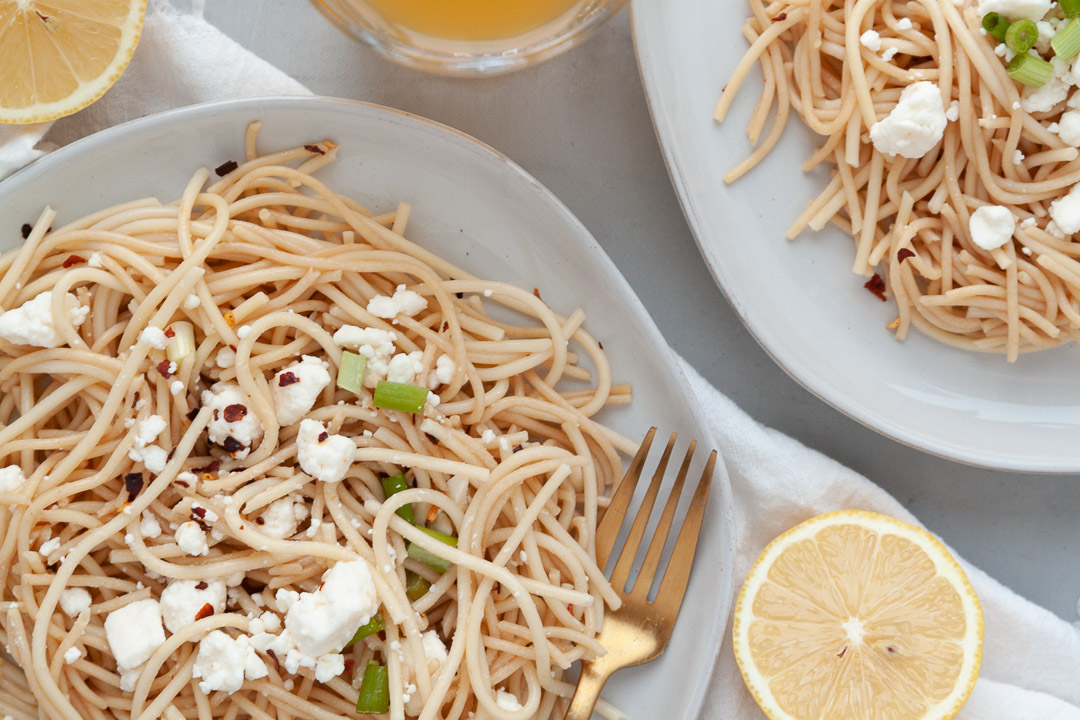 Lemon pasta with feta cheese and green onions